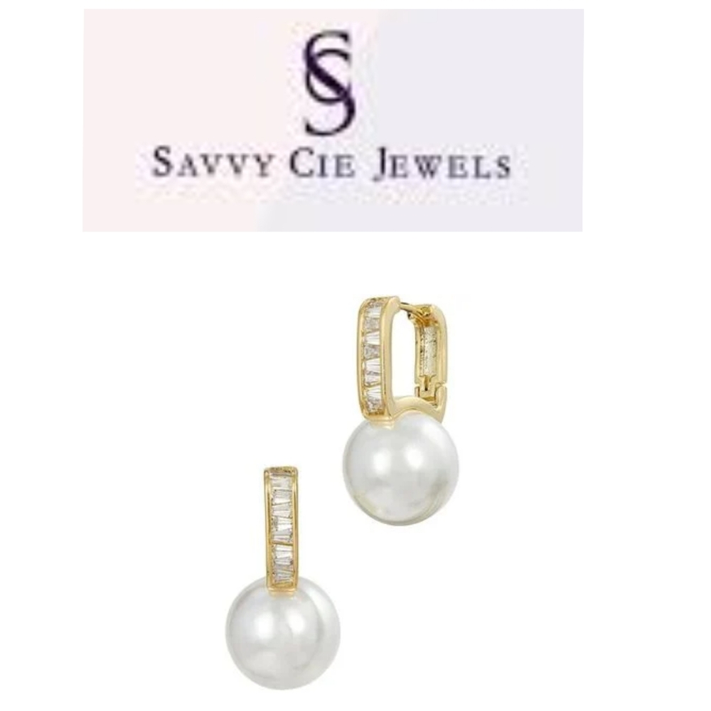 Savvy Cie Women's White 18K Plated 11-12Mm Pearl Cz Hoops